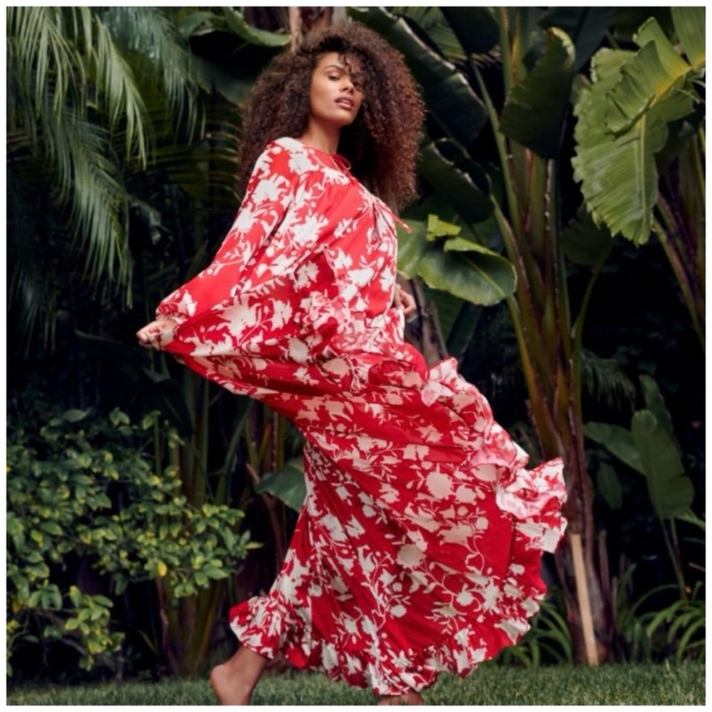 Johanna Ortiz Vibrant Red and Cream Maxi Dress